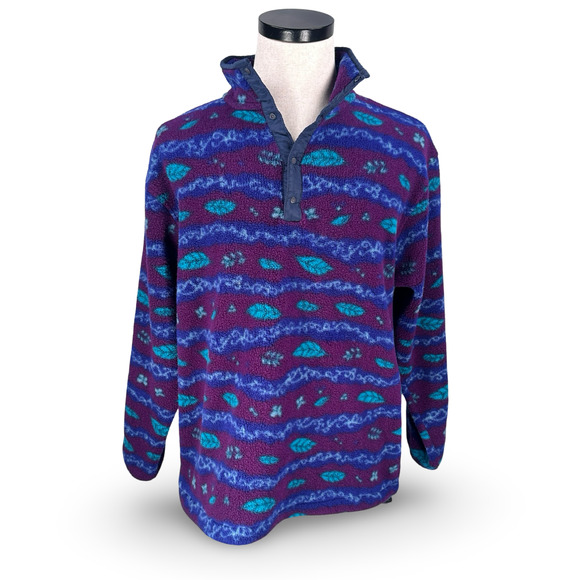 Vintage LL Bean Fleece Aztec 1/4 Snap Pullover Women’s Large Purple Blue USA 90s - Picture 1 of 10